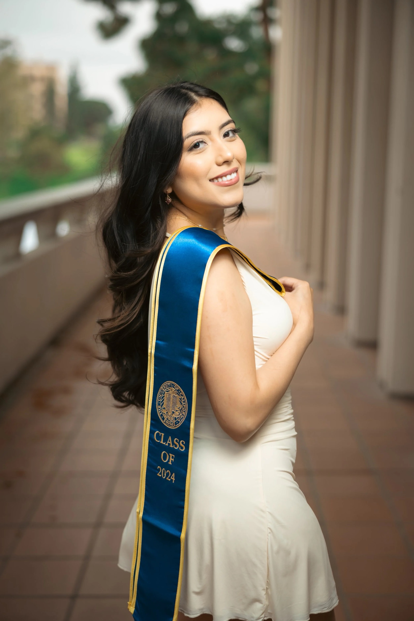 UCI graduate portrait at Langson Library warmup