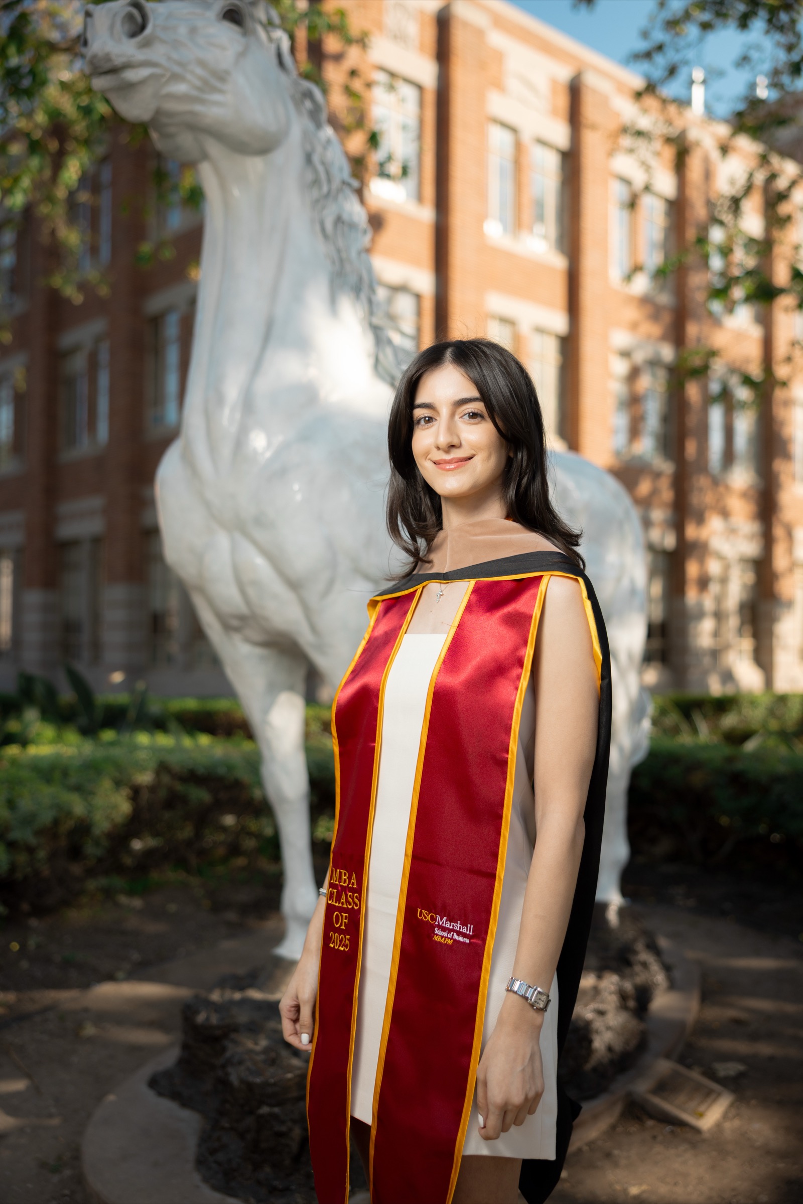 Traveler Horse Statue graduation photo at USC