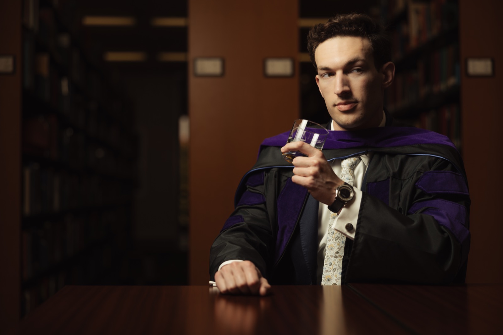 Cinematic law school library graduation portrait