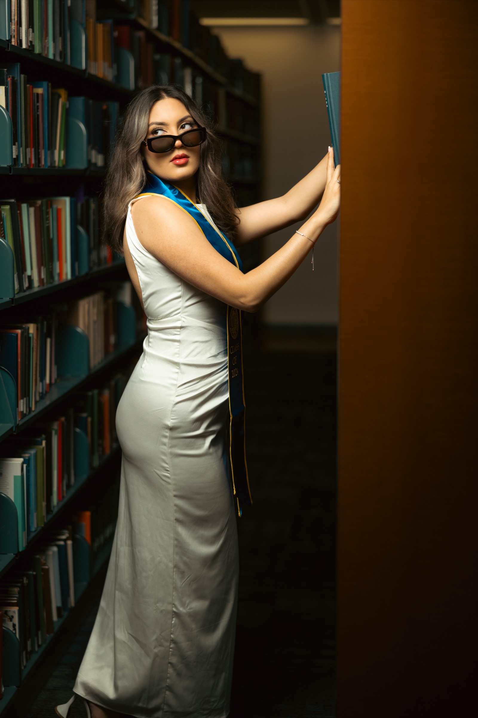 Cinematic library graduation shoot